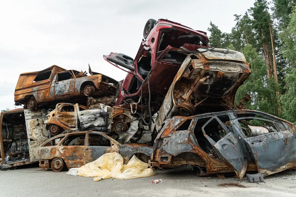 Dump of war-destroyed cars in Ukraine